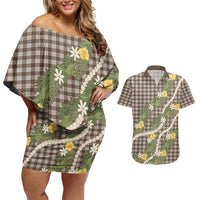 Aloha Puakenikeni Anthurium Pikake Lei Couples Matching Off Shoulder Short Dress and Hawaiian Shirt Chocolate Hawaiian Palaka Pattern