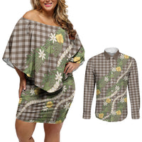 Aloha Puakenikeni Anthurium Pikake Lei Couples Matching Off Shoulder Short Dress and Long Sleeve Button Shirt Chocolate Hawaiian Palaka Pattern LT9 Chocolate - Polynesian Pride