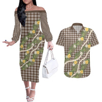 Aloha Puakenikeni Anthurium Pikake Lei Couples Matching Off The Shoulder Long Sleeve Dress and Hawaiian Shirt Chocolate Hawaiian Palaka Pattern LT9 Chocolate - Polynesian Pride