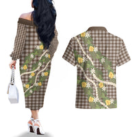 Aloha Puakenikeni Anthurium Pikake Lei Couples Matching Off The Shoulder Long Sleeve Dress and Hawaiian Shirt Chocolate Hawaiian Palaka Pattern LT9 - Polynesian Pride