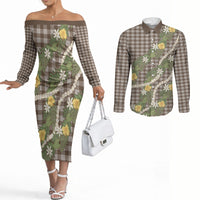 Aloha Puakenikeni Anthurium Pikake Lei Couples Matching Off The Shoulder Long Sleeve Dress and Long Sleeve Button Shirt Chocolate Hawaiian Palaka Pattern LT9 Chocolate - Polynesian Pride
