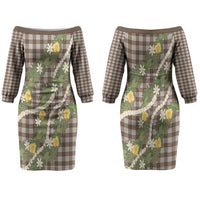 Aloha Puakenikeni Anthurium Pikake Lei Couples Matching Off The Shoulder Long Sleeve Dress and Long Sleeve Button Shirt Chocolate Hawaiian Palaka Pattern LT9 - Polynesian Pride