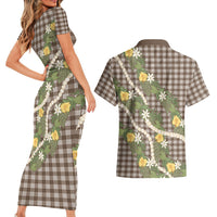 Aloha Puakenikeni Anthurium Pikake Lei Couples Matching Short Sleeve Bodycon Dress and Hawaiian Shirt Chocolate Hawaiian Palaka Pattern