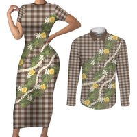 Aloha Puakenikeni Anthurium Pikake Lei Couples Matching Short Sleeve Bodycon Dress and Long Sleeve Button Shirt Chocolate Hawaiian Palaka Pattern