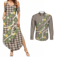 Aloha Puakenikeni Anthurium Pikake Lei Couples Matching Summer Maxi Dress and Long Sleeve Button Shirt Chocolate Hawaiian Palaka Pattern LT9 Chocolate - Polynesian Pride