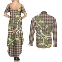 Aloha Puakenikeni Anthurium Pikake Lei Couples Matching Summer Maxi Dress and Long Sleeve Button Shirt Chocolate Hawaiian Palaka Pattern LT9 - Polynesian Pride