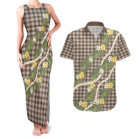 Aloha Puakenikeni Anthurium Pikake Lei Couples Matching Tank Maxi Dress and Hawaiian Shirt Chocolate Hawaiian Palaka Pattern