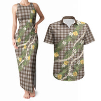Aloha Puakenikeni Anthurium Pikake Lei Couples Matching Tank Maxi Dress and Hawaiian Shirt Chocolate Hawaiian Palaka Pattern LT9 Chocolate - Polynesian Pride