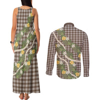 Aloha Puakenikeni Anthurium Pikake Lei Couples Matching Tank Maxi Dress and Long Sleeve Button Shirt Chocolate Hawaiian Palaka Pattern