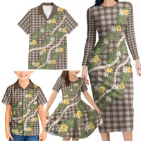 Aloha Puakenikeni Anthurium Pikake Lei Family Matching Long Sleeve Bodycon Dress and Hawaiian Shirt Chocolate Hawaiian Palaka Pattern LT9 - Polynesian Pride
