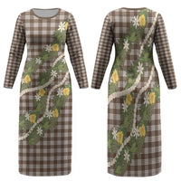 Aloha Puakenikeni Anthurium Pikake Lei Family Matching Long Sleeve Bodycon Dress and Hawaiian Shirt Chocolate Hawaiian Palaka Pattern LT9 Mom's Dress Chocolate - Polynesian Pride