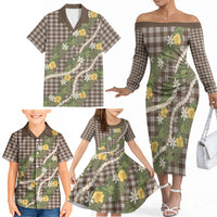 Aloha Puakenikeni Anthurium Pikake Lei Family Matching Off The Shoulder Long Sleeve Dress and Hawaiian Shirt Chocolate Hawaiian Palaka Pattern LT9 - Polynesian Pride
