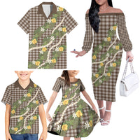 Aloha Puakenikeni Anthurium Pikake Lei Family Matching Off The Shoulder Long Sleeve Dress and Hawaiian Shirt Chocolate Hawaiian Palaka Pattern
