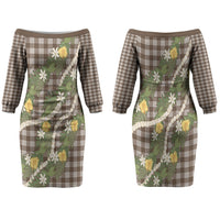 Aloha Puakenikeni Anthurium Pikake Lei Family Matching Off The Shoulder Long Sleeve Dress and Hawaiian Shirt Chocolate Hawaiian Palaka Pattern LT9 Mom's Dress Chocolate - Polynesian Pride