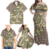 Aloha Puakenikeni Anthurium Pikake Lei Family Matching Off Shoulder Maxi Dress and Hawaiian Shirt Chocolate Hawaiian Palaka Pattern LT9 - Polynesian Pride