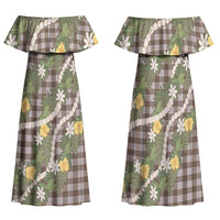 Aloha Puakenikeni Anthurium Pikake Lei Family Matching Off Shoulder Maxi Dress and Hawaiian Shirt Chocolate Hawaiian Palaka Pattern LT9 Mom's Dress Chocolate - Polynesian Pride