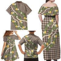 Aloha Puakenikeni Anthurium Pikake Lei Family Matching Off Shoulder Maxi Dress and Hawaiian Shirt Chocolate Hawaiian Palaka Pattern