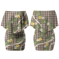 Aloha Puakenikeni Anthurium Pikake Lei Family Matching Off Shoulder Short Dress and Hawaiian Shirt Chocolate Hawaiian Palaka Pattern LT9 Mom's Dress Chocolate - Polynesian Pride