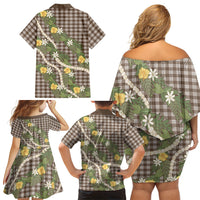 Aloha Puakenikeni Anthurium Pikake Lei Family Matching Off Shoulder Short Dress and Hawaiian Shirt Chocolate Hawaiian Palaka Pattern