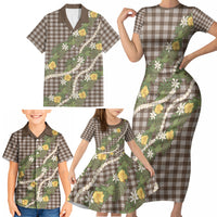 Aloha Puakenikeni Anthurium Pikake Lei Family Matching Short Sleeve Bodycon Dress and Hawaiian Shirt Chocolate Hawaiian Palaka Pattern LT9 - Polynesian Pride