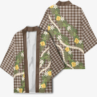 Aloha Puakenikeni Anthurium Pikake Lei Kimono Chocolate Hawaiian Palaka Pattern LT9 - Polynesian Pride