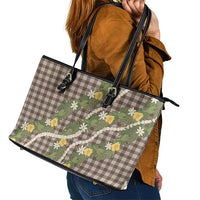 Aloha Puakenikeni Anthurium Pikake Lei Leather Tote Bag Chocolate Hawaiian Palaka Pattern LT9 - Polynesian Pride