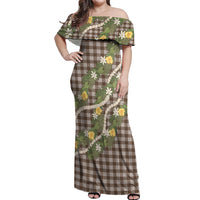 Aloha Puakenikeni Anthurium Pikake Lei Off Shoulder Maxi Dress Chocolate Hawaiian Palaka Pattern LT9 Women Chocolate - Polynesian Pride