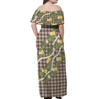 Aloha Puakenikeni Anthurium Pikake Lei Off Shoulder Maxi Dress Chocolate Hawaiian Palaka Pattern LT9 - Polynesian Pride