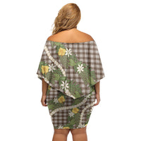 Aloha Puakenikeni Anthurium Pikake Lei Off Shoulder Short Dress Chocolate Hawaiian Palaka Pattern LT9 - Polynesian Pride