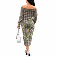 Aloha Puakenikeni Anthurium Pikake Lei Off The Shoulder Long Sleeve Dress Chocolate Hawaiian Palaka Pattern LT9 - Polynesian Pride