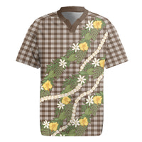 Aloha Puakenikeni Anthurium Pikake Lei Rugby Jersey Chocolate Hawaiian Palaka Pattern LT9 Chocolate - Polynesian Pride