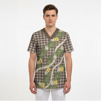 Aloha Puakenikeni Anthurium Pikake Lei Scrub Top Chocolate Hawaiian Palaka Pattern