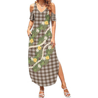 Aloha Puakenikeni Anthurium Pikake Lei Summer Maxi Dress Chocolate Hawaiian Palaka Pattern LT9 Women Chocolate - Polynesian Pride