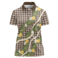 Aloha Puakenikeni Anthurium Pikake Lei Women Polo Shirt Chocolate Hawaiian Palaka Pattern LT9 Female Chocolate - Polynesian Pride