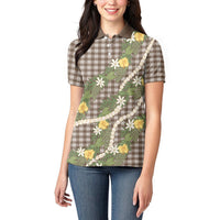 Aloha Puakenikeni Anthurium Pikake Lei Women Polo Shirt Chocolate Hawaiian Palaka Pattern LT9 - Polynesian Pride