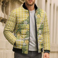 Aloha Puakenikeni Anthurium Pikake Lei Bomber Puffer Jacket Gold Hawaiian Palaka Pattern LT9 - Polynesian Pride