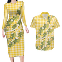 Aloha Puakenikeni Anthurium Pikake Lei Couples Matching Long Sleeve Bodycon Dress and Hawaiian Shirt Gold Hawaiian Palaka Pattern LT9 Gold - Polynesian Pride