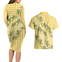 Aloha Puakenikeni Anthurium Pikake Lei Couples Matching Long Sleeve Bodycon Dress and Hawaiian Shirt Gold Hawaiian Palaka Pattern LT9 - Polynesian Pride