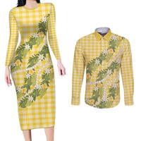 Aloha Puakenikeni Anthurium Pikake Lei Couples Matching Long Sleeve Bodycon Dress and Long Sleeve Button Shirt Gold Hawaiian Palaka Pattern LT9 Gold - Polynesian Pride