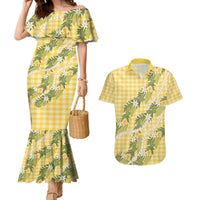 Aloha Puakenikeni Anthurium Pikake Lei Couples Matching Mermaid Dress and Hawaiian Shirt Gold Hawaiian Palaka Pattern LT9 Gold - Polynesian Pride