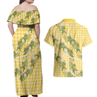 Aloha Puakenikeni Anthurium Pikake Lei Couples Matching Off Shoulder Maxi Dress and Hawaiian Shirt Gold Hawaiian Palaka Pattern