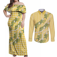 Aloha Puakenikeni Anthurium Pikake Lei Couples Matching Off Shoulder Maxi Dress and Long Sleeve Button Shirt Gold Hawaiian Palaka Pattern LT9 Gold - Polynesian Pride