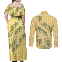 Aloha Puakenikeni Anthurium Pikake Lei Couples Matching Off Shoulder Maxi Dress and Long Sleeve Button Shirt Gold Hawaiian Palaka Pattern LT9 - Polynesian Pride