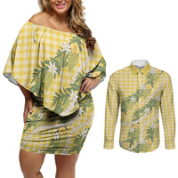 Aloha Puakenikeni Anthurium Pikake Lei Couples Matching Off Shoulder Short Dress and Long Sleeve Button Shirt Gold Hawaiian Palaka Pattern LT9 Gold - Polynesian Pride