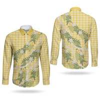 Aloha Puakenikeni Anthurium Pikake Lei Couples Matching Off Shoulder Short Dress and Long Sleeve Button Shirt Gold Hawaiian Palaka Pattern LT9 - Polynesian Pride