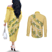 Aloha Puakenikeni Anthurium Pikake Lei Couples Matching Off The Shoulder Long Sleeve Dress and Long Sleeve Button Shirt Gold Hawaiian Palaka Pattern