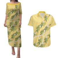 Aloha Puakenikeni Anthurium Pikake Lei Couples Matching Puletasi and Hawaiian Shirt Gold Hawaiian Palaka Pattern LT9 Gold - Polynesian Pride