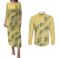 Aloha Puakenikeni Anthurium Pikake Lei Couples Matching Puletasi and Long Sleeve Button Shirt Gold Hawaiian Palaka Pattern LT9 Gold - Polynesian Pride