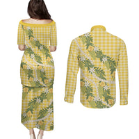 Aloha Puakenikeni Anthurium Pikake Lei Couples Matching Puletasi and Long Sleeve Button Shirt Gold Hawaiian Palaka Pattern LT9 - Polynesian Pride