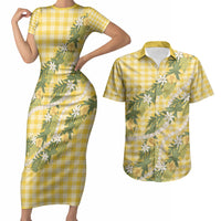 Aloha Puakenikeni Anthurium Pikake Lei Couples Matching Short Sleeve Bodycon Dress and Hawaiian Shirt Gold Hawaiian Palaka Pattern LT9 Gold - Polynesian Pride
